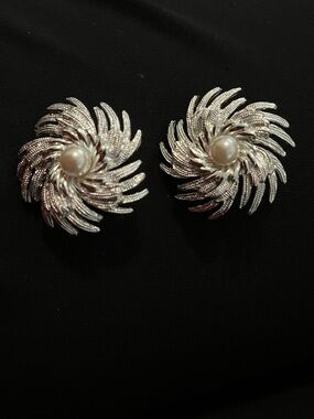 Sarah Coventry "Pinwheel" swirl clip-on earrings, 1960s, silver-tone, faux pearl